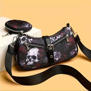 🆕 Trendy Skull Flower Pattern Shoulder Bag, Gothic Crescent Handbag Set 💀